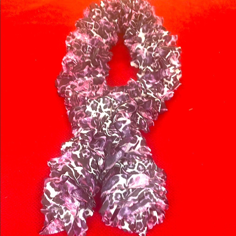 Elegant Black and White Ruffled Scarf with purple animal print